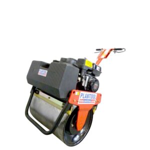 Vibrating single drum roller used for asphalt and soil compaction.