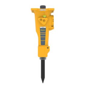Yellow hydraulic breaker attachment for heavy machinery.